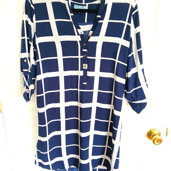 Cynthia Rowley Women's 3/4 Length Sleeve Navy And White Plaid Shirt Dress Size 8 - Picture 2 of 6